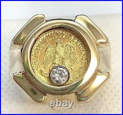 0.20Ct Round Moissanite Spinning Mexican Pesos Coin Ring 14k Yellow Gold Finish