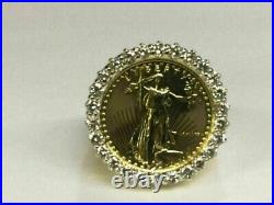 0.50Ct Round Real Moissanite Men's Lady Liberty Coin Ring 14k Yellow Gold Finish