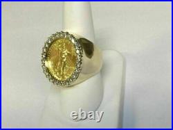 0.50Ct Round Real Moissanite Men's Lady Liberty Coin Ring 14k Yellow Gold Finish