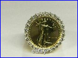 0.50Ct Round Real Moissanite Men's Lady Liberty Coin Ring 14k Yellow Gold Plated