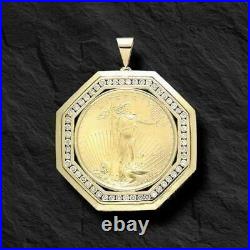 0.90Ct Round Moissanite 10k Yellow Gold Over Oz Lady Liberty Coin Charm Pendant