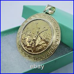 10K Solid Yellow Gold Eagle Mexican 50 Peso Coin Bezel Greek Key Patten Edge