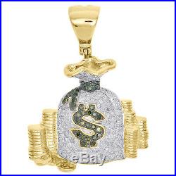 10K Yellow Gold Green Diamond Money Bag Stacked Coin Pendant 1.45 Charm 0.92 CT