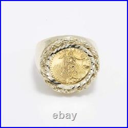 10K Yellow Gold Solid Rope Chain Framed Coin Signet Ring All Sizes