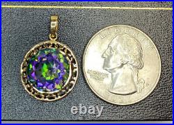 10k Yellow Gold 5 Ct Round Mystic Topaz Artisan Circle Coin Necklace Pendant