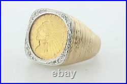 14K Gold 0.20ct Diamond Men's Ring 1915 $2.5 Liberty Indian Head Coin Sz 8.5