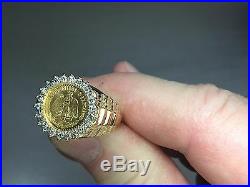 14K Gold 17MM COIN RING with a 22K MEXICAN DOS PESOS Coin with. 50 tcw diamonds