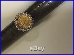 14K Gold 17MM COIN RING with a 22K MEXICAN DOS PESOS Coin with. 50 tcw diamonds