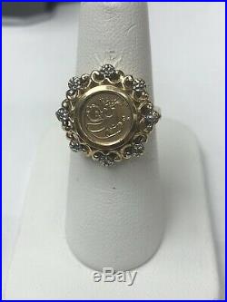 14K Gold Chinese Panda Coin 5 Y COIN COPY in 10K Diamond Bezel Ring Sz 6
