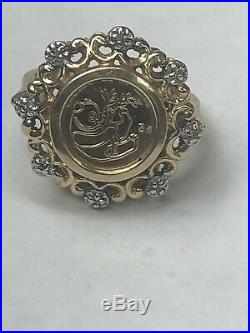 14K Gold Chinese Panda Coin 5 Y COIN COPY in 10K Diamond Bezel Ring Sz 6