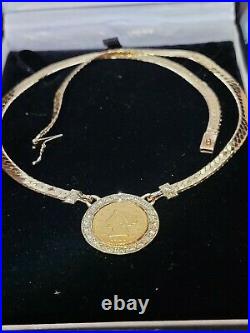 14K Gold Coin Pendant. 16 Ladies with US $2.5 Gold Coin Surrounded by Diamonds