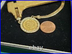 14K Gold Coin Pendant. 16 Ladies with US $2.5 Gold Coin Surrounded by Diamonds