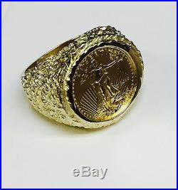 14K Gold Men's 25 MM NUGGET COIN RING with a 22 K 1/10 OZ AMERICAN EAGLE COIN