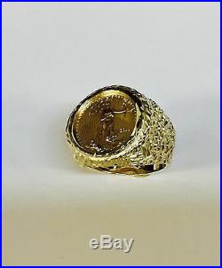 14K Gold Men's 25 MM NUGGET COIN RING with a 22 K 1/10 OZ AMERICAN EAGLE COIN