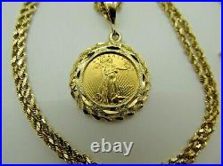 14K Solid Yellow Gold Rope Chain with. 999 1/10 OZ Gold Eagle Coin and Bezel #1675