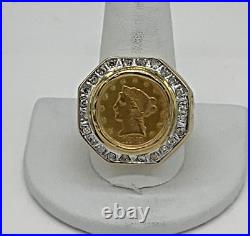 14K Yellow Gold 1873 2 1/2 Coin. 50tcw Diamond Mens Ring Size 12.5