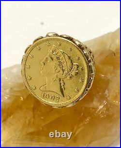 14K Yellow Gold 1902 $5 Liberty Gold Coin Ring Size 5.5 Custom Made