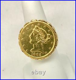 14K Yellow Gold 1902 $5 Liberty Gold Coin Ring Size 5.5 Custom Made