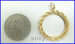 14K Yellow Gold 20.7mm Coin Holder Rope Charm Pendant 28mm 4.8g M751