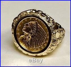 14K Yellow Gold 23.5 MM NUGGET COIN RING with 2 1/2 DOLLAR INDIAN HEAD COIN