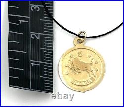 14K Yellow Gold Dainty Dual-Texture Taurus Coin Medallion Pendant Charm. 38g