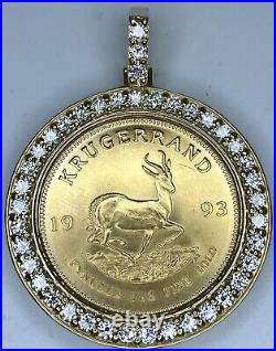 14K Yellow Gold Diamond Halo Pendant With 1993 South African Krugerrand Gold Coin