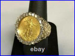 14K Yellow Gold Finish LADY LIBERTY COIN RING 2.20TCW ROUND CUT DIAMOND