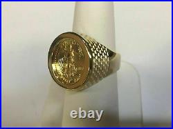 14K Yellow Gold Finish Silver Men's 20 mm Coin Ring with American Eagle