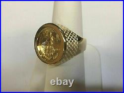 14K Yellow Gold Finish Silver Men's Coin Ring with American Eagle