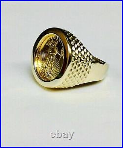 14K Yellow Gold Finish Silver Men's Coin Ring with American Eagle