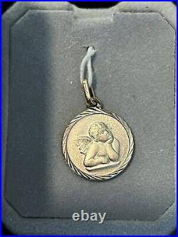 14K Yellow Gold Guardian Angel Coin Pendant Protection Cherub Necklace