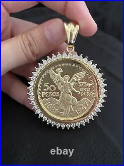 14K Yellow Gold Over 50 Pesos Moneda Mexican Coin CENTENARIO Pendant Lab Created