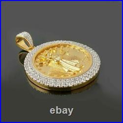 14K Yellow Gold Over Statue of Liberty Lady Coin Charm Round Cut Diamond Pendant