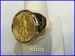 14K Yellow Gold Plated Men's Without Stone 20 MM COIN RING AMERICAN EAGLE COIN