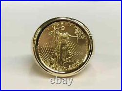 14K Yellow Gold Plated Men's Without Stone 20 MM COIN RING AMERICAN EAGLE COIN