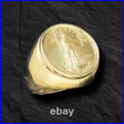 14K Yellow Gold Plated Men's Without Stone 20 MM COIN RING AMERICAN EAGLE COIN