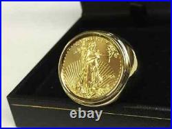 14K Yellow Gold Plated Men's Without Stone 20 MM COIN RING AMERICAN EAGLE COIN