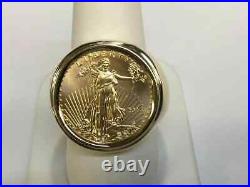 14K Yellow Gold Plated Men's Without Stone 20 MM COIN RING AMERICAN EAGLE COIN