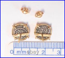 14K Yellow Gold Spanish Cob Pirate Treasure Silver Copy Coin Post Earrings