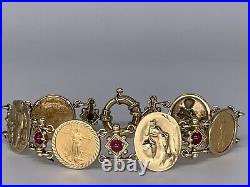 14K Yellow Gold with Ruby and 3 22k Gold American Eagle Liberty Coin Bracelet 8
