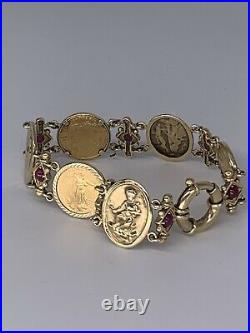 14K Yellow Gold with Ruby and 3 22k Gold American Eagle Liberty Coin Bracelet 8