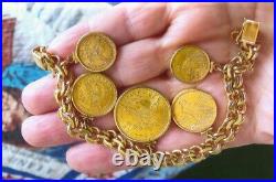 14/22K YELLOW GOLD BRACELET women or mans with 5 large gold U. S. Coins-per 1933