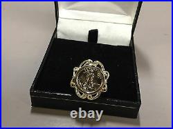 14 KT SOLID GOLD 24 MM LADIES COIN RING with a 22 KT 1/10OZ LADY LIBERTY COIN