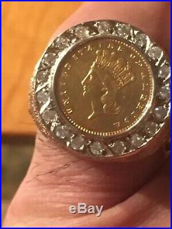 14 Karat Gold Mens Diamond Ring With 1874 Indian Head Coin. 13.2 Grams