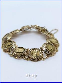14k 13.2g Yellow Gold Coin Medallion Type Cable Link Bracelet Safety Catch 7.5
