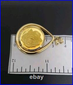 14k 24k Yellow Gold 9.9 Grams Gold Rose Coin Diamond Cut Bezel 1.7 Inch Pendant