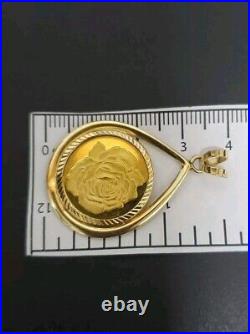 14k 24k Yellow Gold 9.9 Grams Gold Rose Coin Diamond Cut Bezel 1.7 Inch Pendant