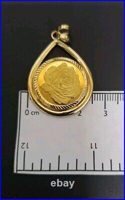 14k 24k Yellow Gold 9.9 Grams Gold Rose Coin Diamond Cut Bezel 1.7 Inch Pendant