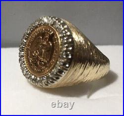 14k Gold 17mm Coin Ring with a 22k Mexican Dos Pesos Coin with. 50 tcw D, Sz 10
