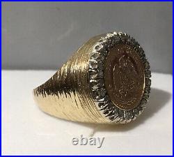 14k Gold 17mm Coin Ring with a 22k Mexican Dos Pesos Coin with. 50 tcw D, Sz 10
